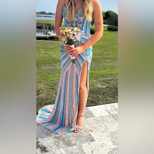 Jovani Pink and Blue Striped Prom Dress